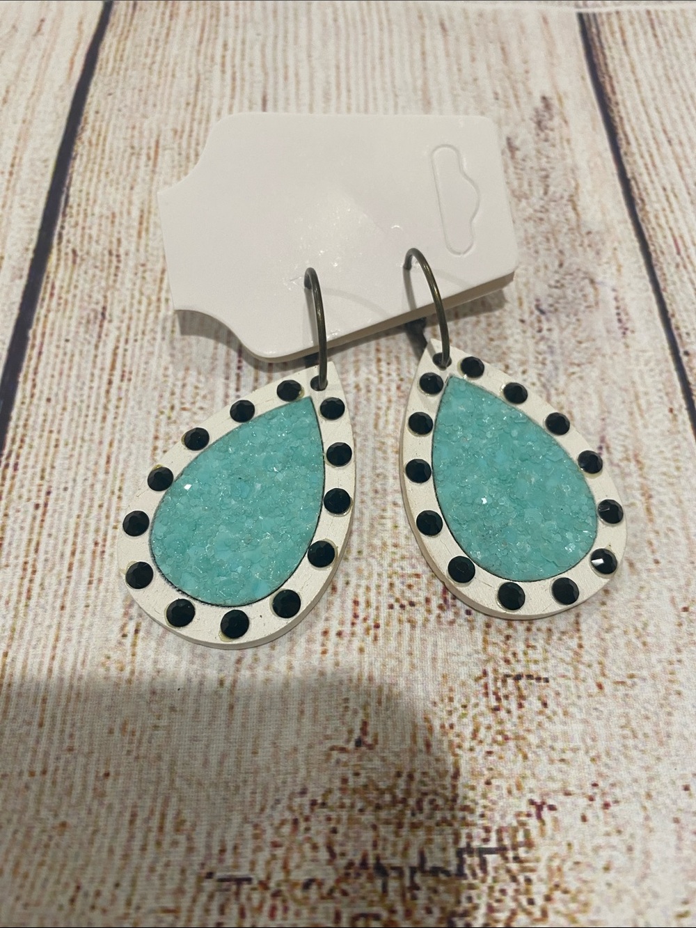 Turquoise Teardrop Dangle Earrings with Black Accents - Women Jewelry